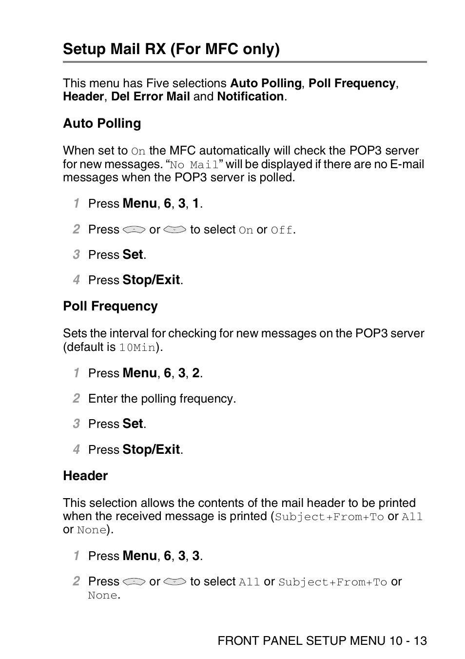 Setup mail rx (for mfc only), Auto polling, Poll frequency | Header, Setup mail rx (for mfc only) -13, Auto polling -13, Poll frequency -13 header -13 | Brother MFC 8840D User Manual | Page 102 / 176