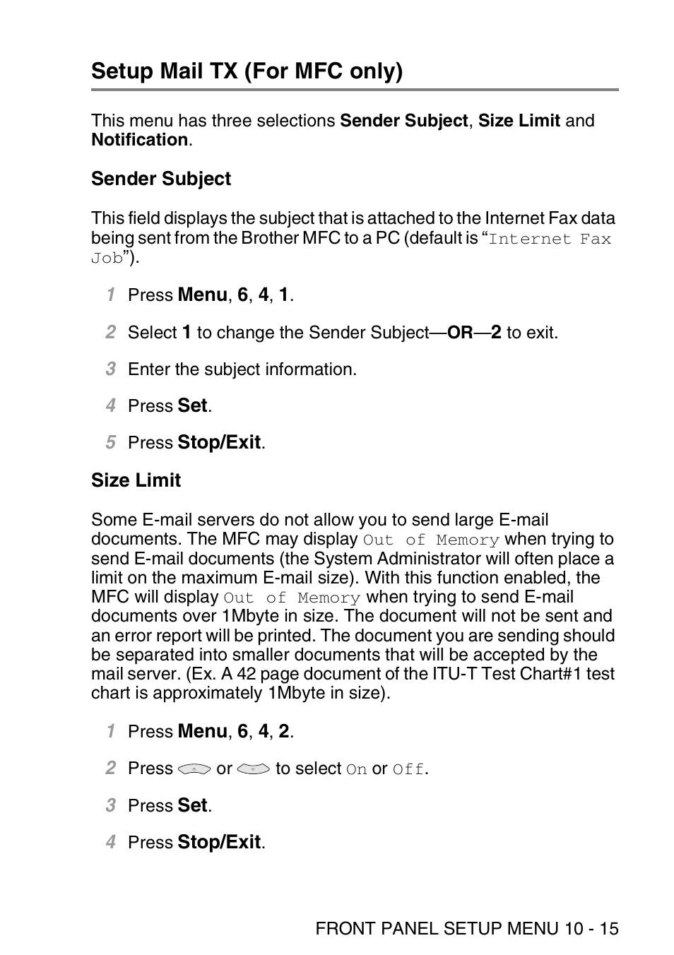 Setup mail tx (for mfc only), Sender subject, Size limit | Setup mail tx (for mfc only) -15, Sender subject -15 size limit -15 | Brother MFC 8840D User Manual | Page 104 / 176