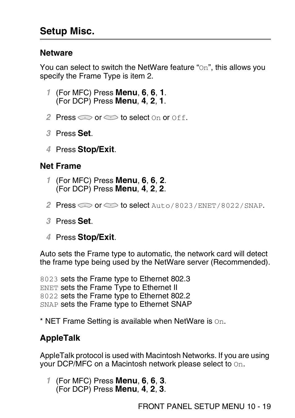 Setup misc, Netware, Net frame | Appletalk, Setup misc -19, Netware -19 net frame -19 appletalk -19 | Brother MFC 8840D User Manual | Page 108 / 176