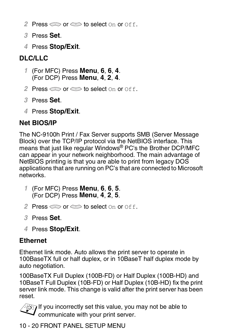 Dlc/llc, Net bios/ip, Ethernet | Dlc/llc -20 net bios/ip -20 ethernet -20 | Brother MFC 8840D User Manual | Page 109 / 176