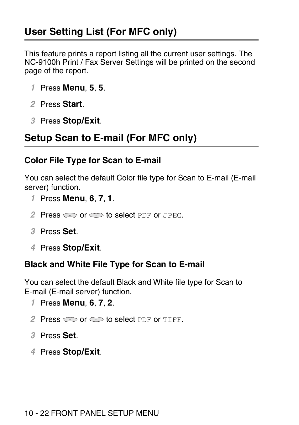 User setting list (for mfc only), Setup scan to e-mail (for mfc only), Color file type for scan to e-mail | Black and white file type for scan to e-mail | Brother MFC 8840D User Manual | Page 111 / 176