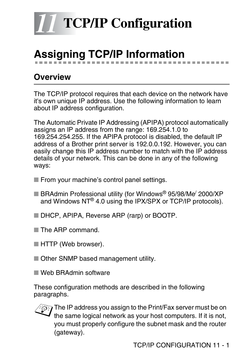 11 tcp/ip configuration, Assigning tcp/ip information, Overview | Tcp/ip configuration -1, Assigning tcp/ip information -1, Overview -1, Tcp/ip configuration | Brother MFC 8840D User Manual | Page 112 / 176