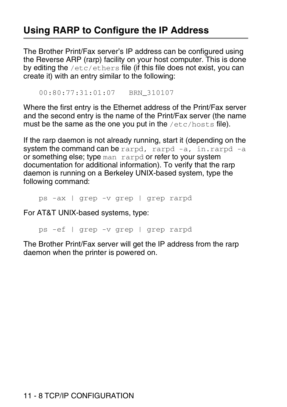 Using rarp to configure the ip address, Using rarp to configure the ip address -8 | Brother MFC 8840D User Manual | Page 119 / 176