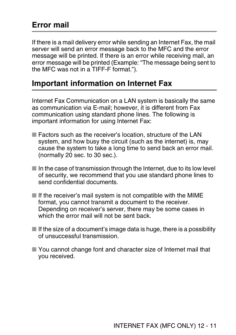 Error mail, Important information on internet fax | Brother MFC 8840D User Manual | Page 132 / 176