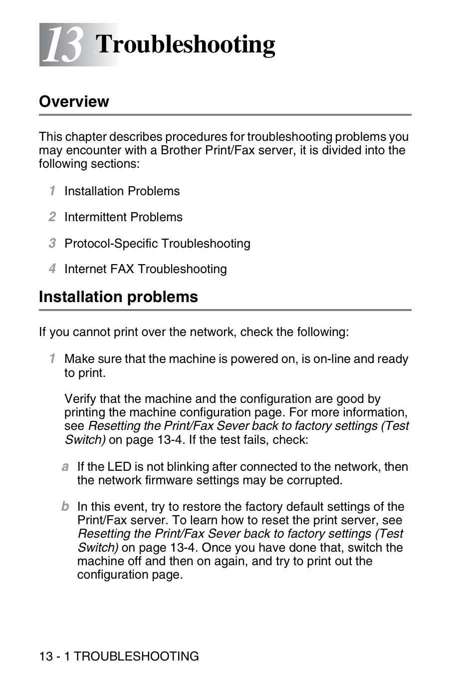 13 troubleshooting, Overview, Installation problems | Troubleshooting -1, Overview -1 installation problems -1, Troubleshooting | Brother MFC 8840D User Manual | Page 133 / 176