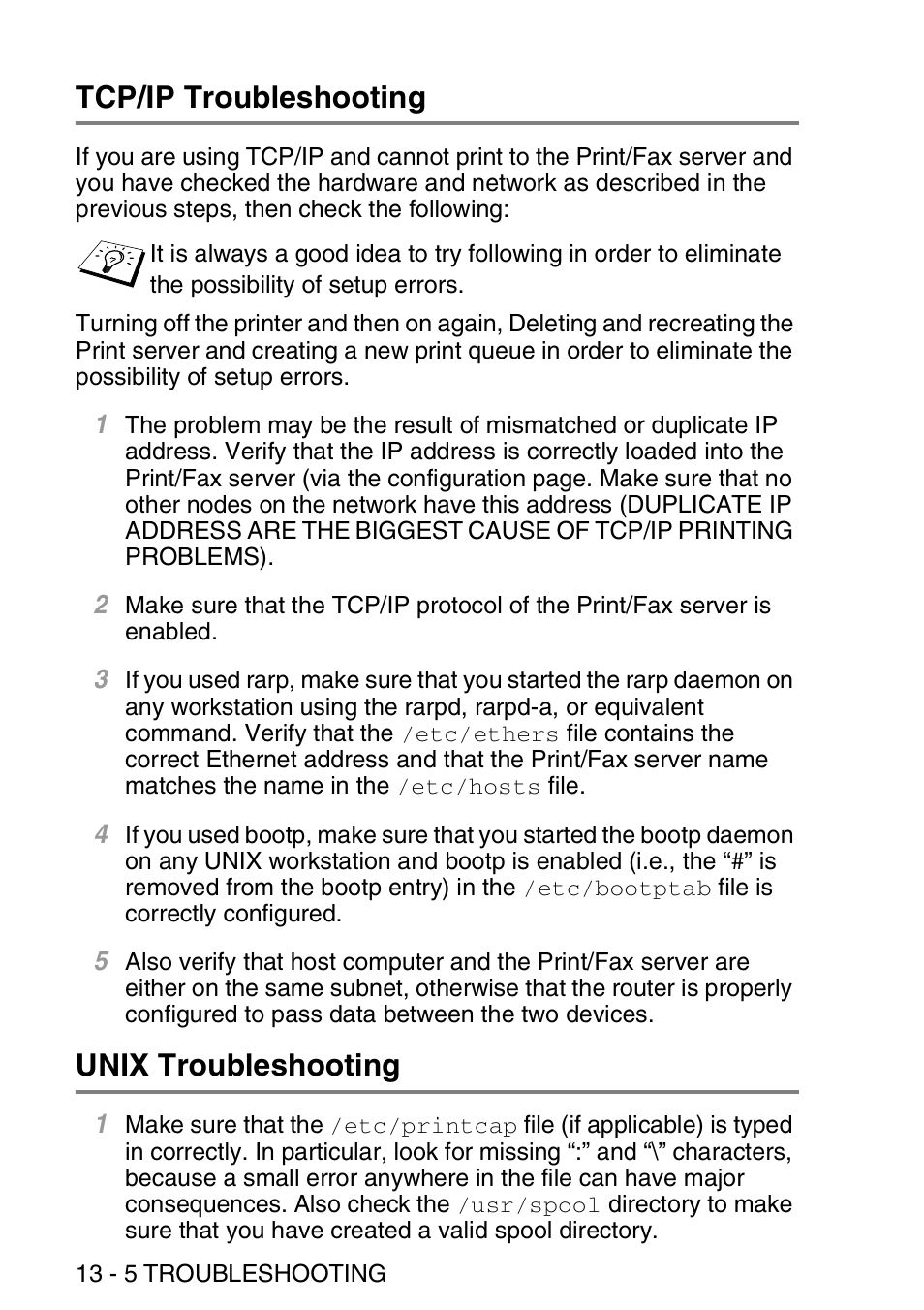 Tcp/ip troubleshooting, Unix troubleshooting, Tcp/ip troubleshooting -5 unix troubleshooting -5 | Brother MFC 8840D User Manual | Page 137 / 176