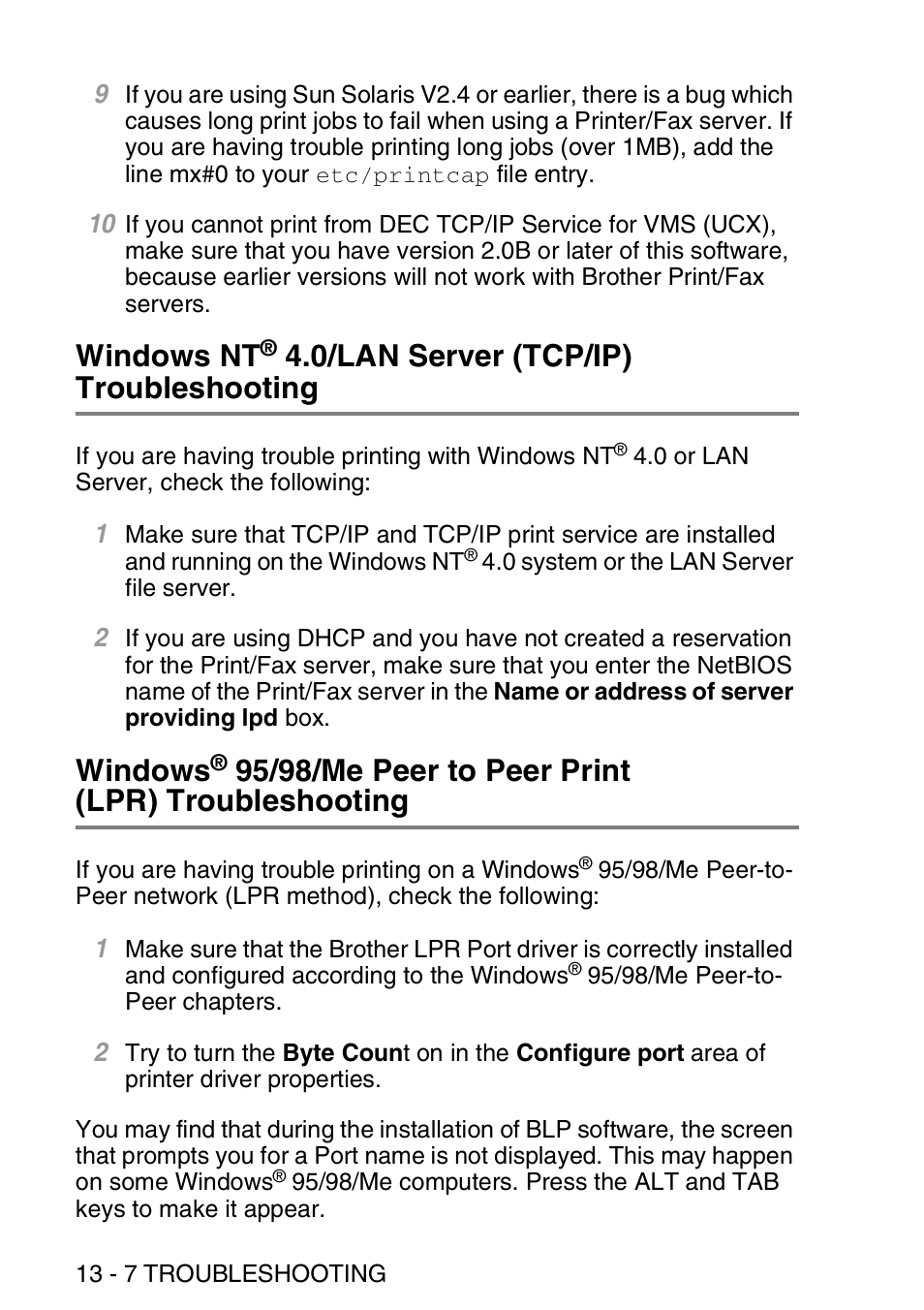 Windows nt, 0/lan server (tcp/ip), Troubleshooting -7 windows | 95/98/me peer to peer print, Lpr) troubleshooting -7, 0/lan server (tcp/ip) troubleshooting, Windows, 95/98/me peer to peer print (lpr) troubleshooting | Brother MFC 8840D User Manual | Page 139 / 176