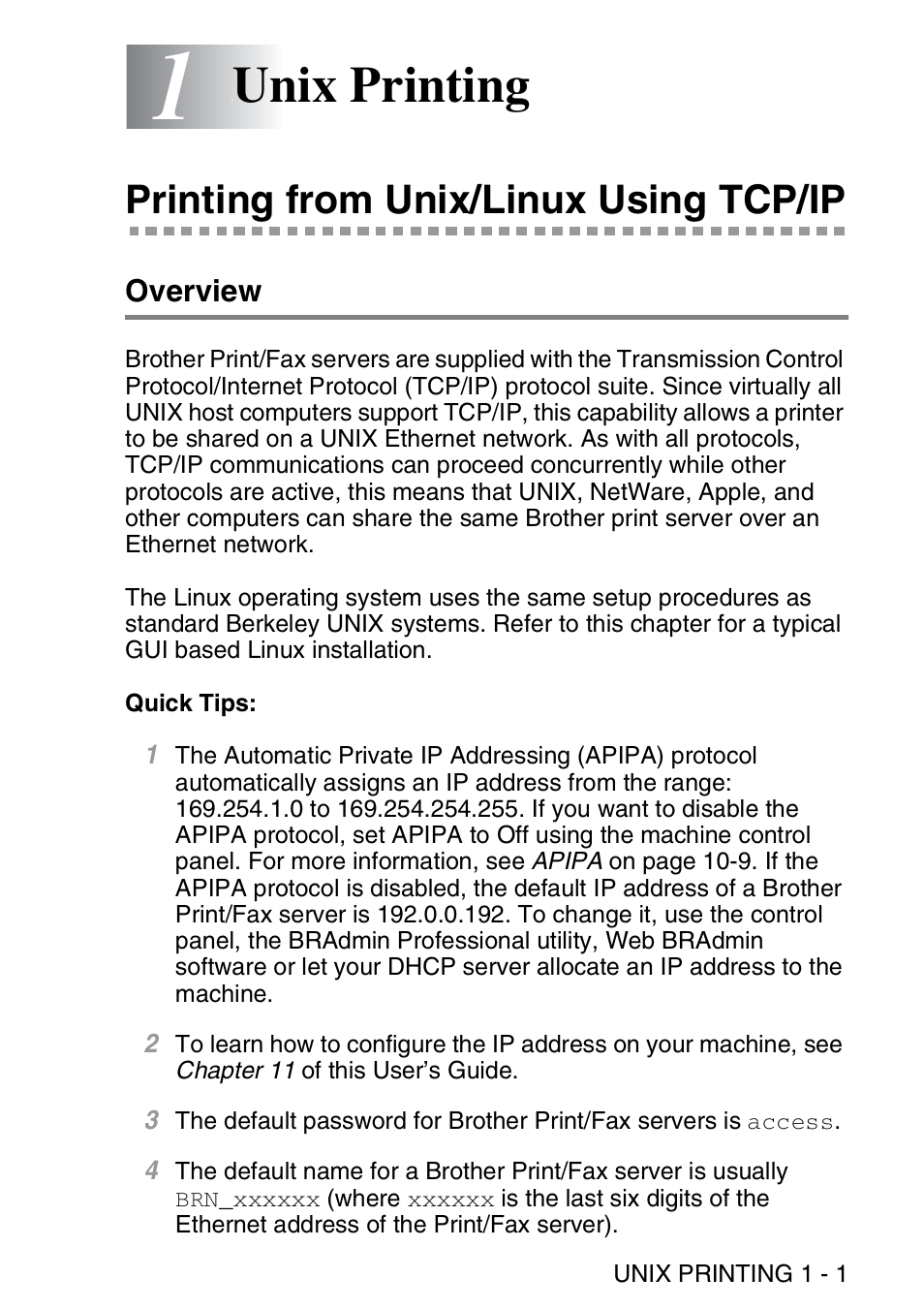 1 unix printing, Printing from unix/linux using tcp/ip, Overview | Unix printing -1, Printing from unix/linux using tcp/ip -1, Overview -1, Unix printing | Brother MFC 8840D User Manual | Page 14 / 176