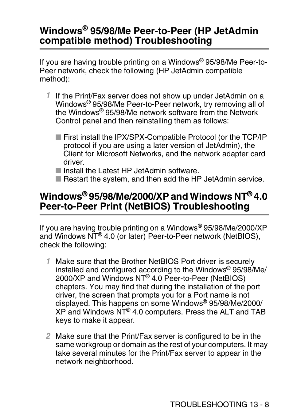 Windows, 95/98/me peer-to-peer (hp jetadmin, Compatible method) troubleshooting -8 windows | 95/98/me/2000/xp and windows nt, Peer-to-peer print (netbios) troubleshooting -8, 0 peer-to-peer print (netbios) troubleshooting | Brother MFC 8840D User Manual | Page 140 / 176