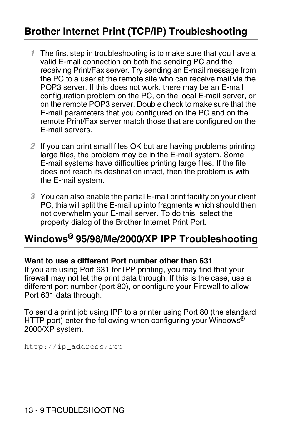 Brother internet print (tcp/ip) troubleshooting, Windows® 95/98/me/2000/xp ipp troubleshooting, 95/98/me/2000/xp ipp | Troubleshooting -9, Windows | Brother MFC 8840D User Manual | Page 141 / 176