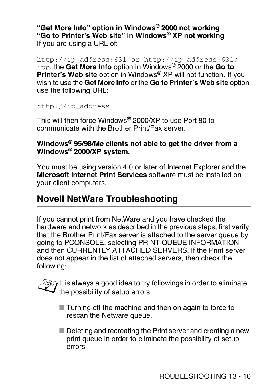 Novell netware troubleshooting, Novell netware troubleshooting -10 | Brother MFC 8840D User Manual | Page 142 / 176