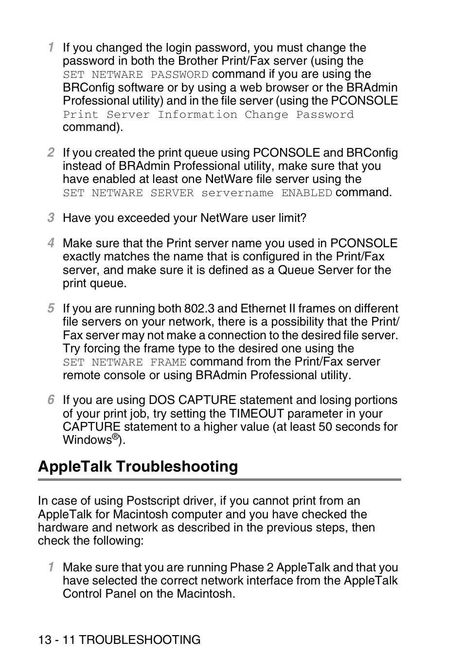 Appletalk troubleshooting, Appletalk troubleshooting -11 | Brother MFC 8840D User Manual | Page 143 / 176