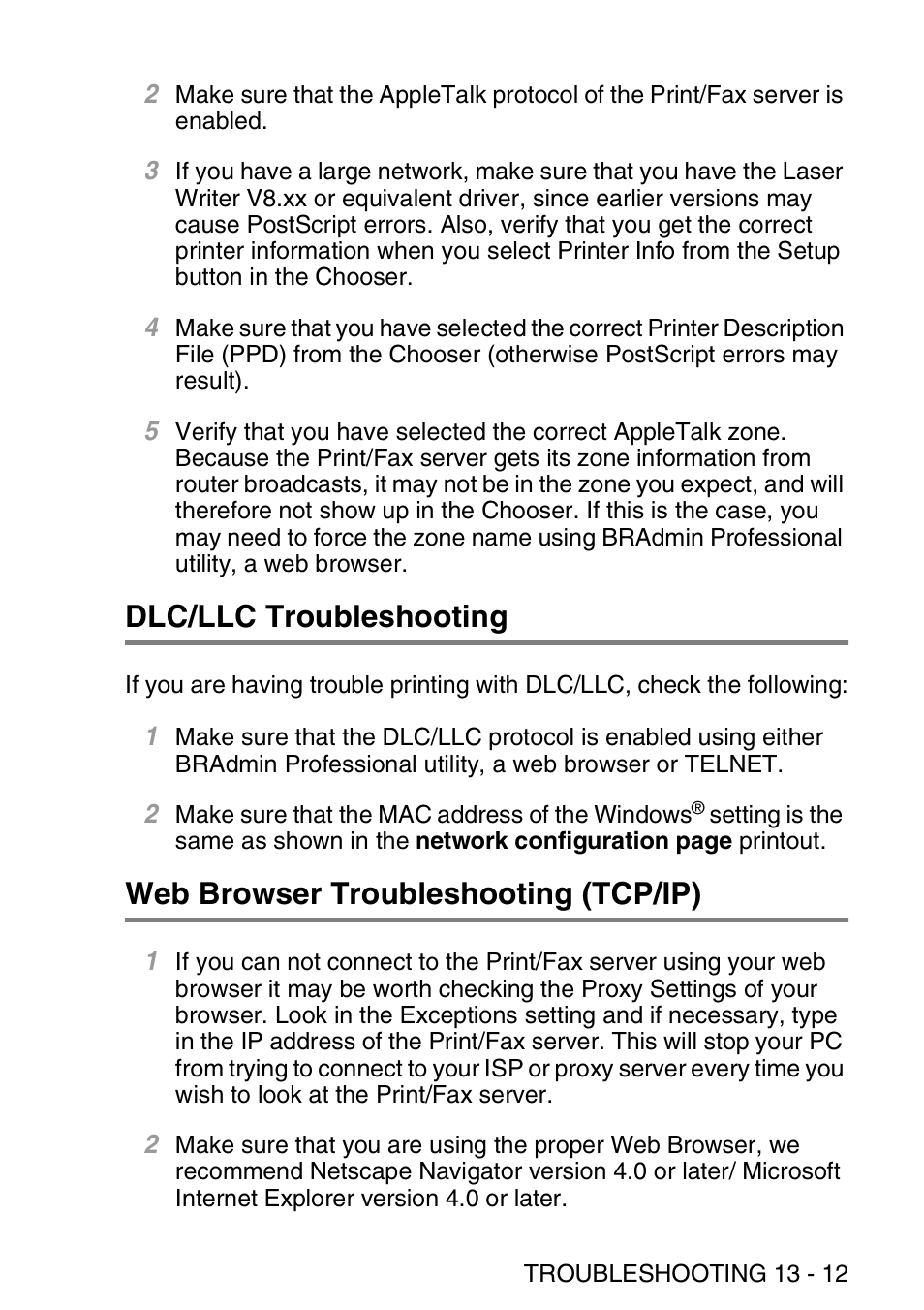 Dlc/llc troubleshooting, Web browser troubleshooting (tcp/ip) | Brother MFC 8840D User Manual | Page 144 / 176