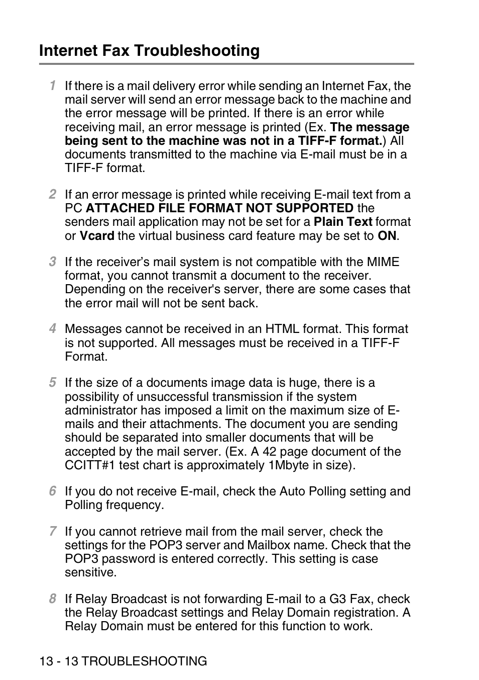 Internet fax troubleshooting, Internet fax troubleshooting -13 | Brother MFC 8840D User Manual | Page 145 / 176
