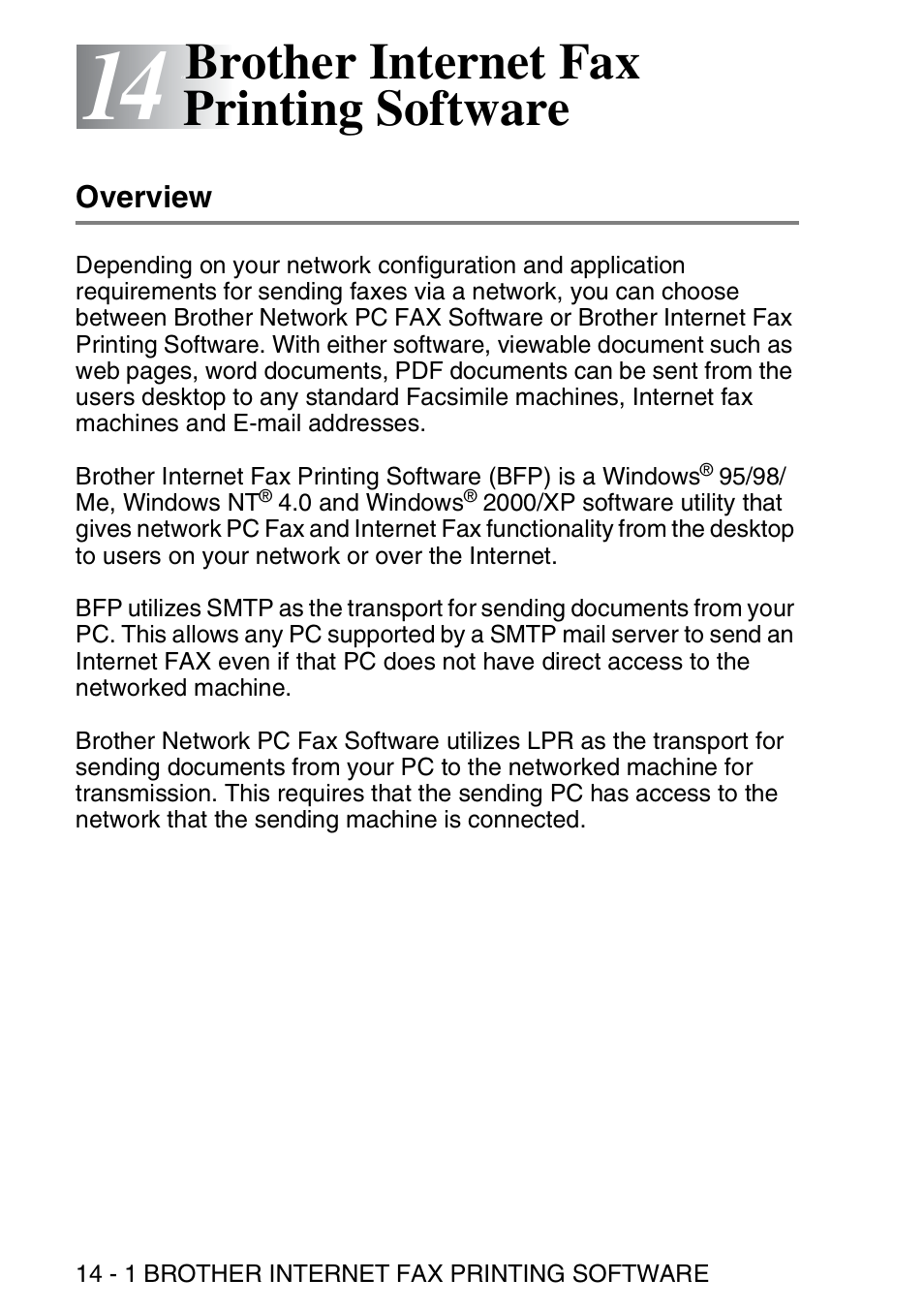 14 brother internet fax printing software, Overview, Brother internet fax printing software -1 | Overview -1, Brother internet fax printing software | Brother MFC 8840D User Manual | Page 147 / 176