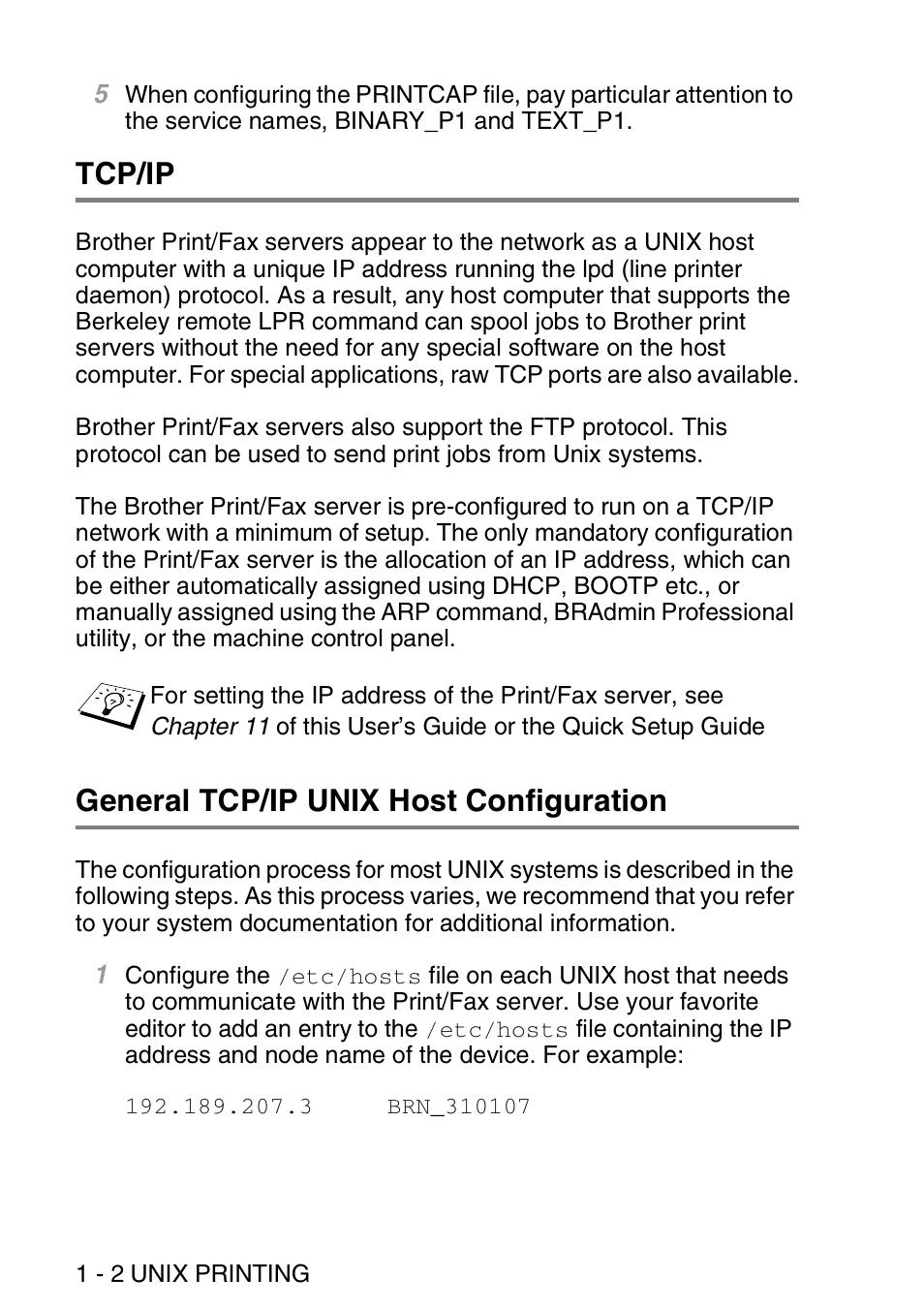 Tcp/ip, General tcp/ip unix host configuration | Brother MFC 8840D User Manual | Page 15 / 176