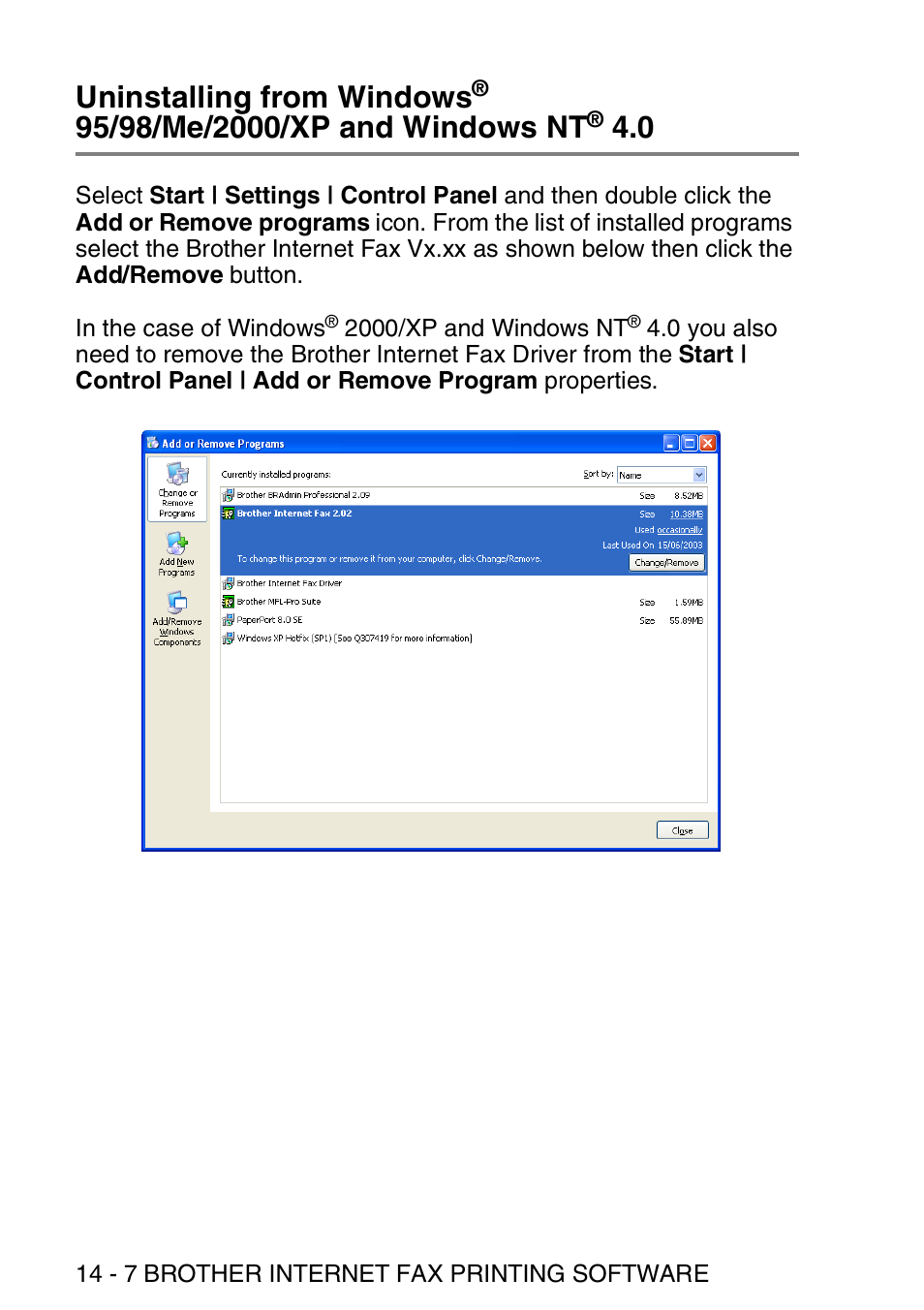 Uninstalling from windows, 95/98/me/2000/xp, And windows nt | Brother MFC 8840D User Manual | Page 153 / 176