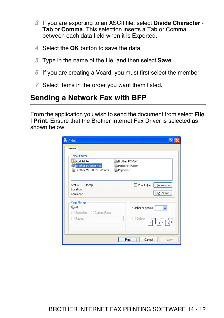 Sending a network fax with bfp, Sending a network fax with bfp -12 | Brother MFC 8840D User Manual | Page 158 / 176