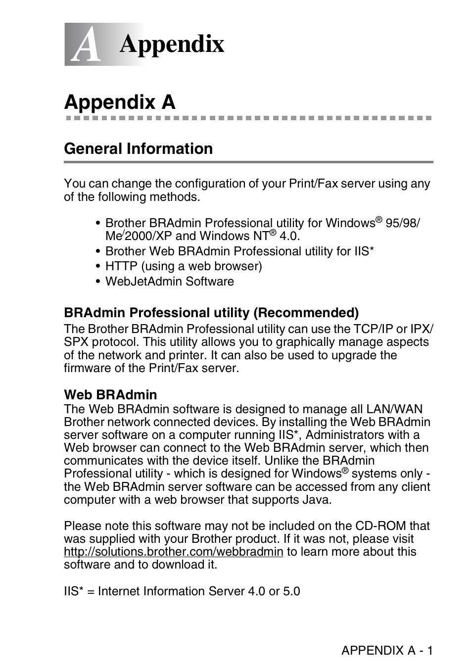 Appendix, Appendix a, General information | Bradmin professional utility (recommended), Web bradmin | Brother MFC 8840D User Manual | Page 160 / 176