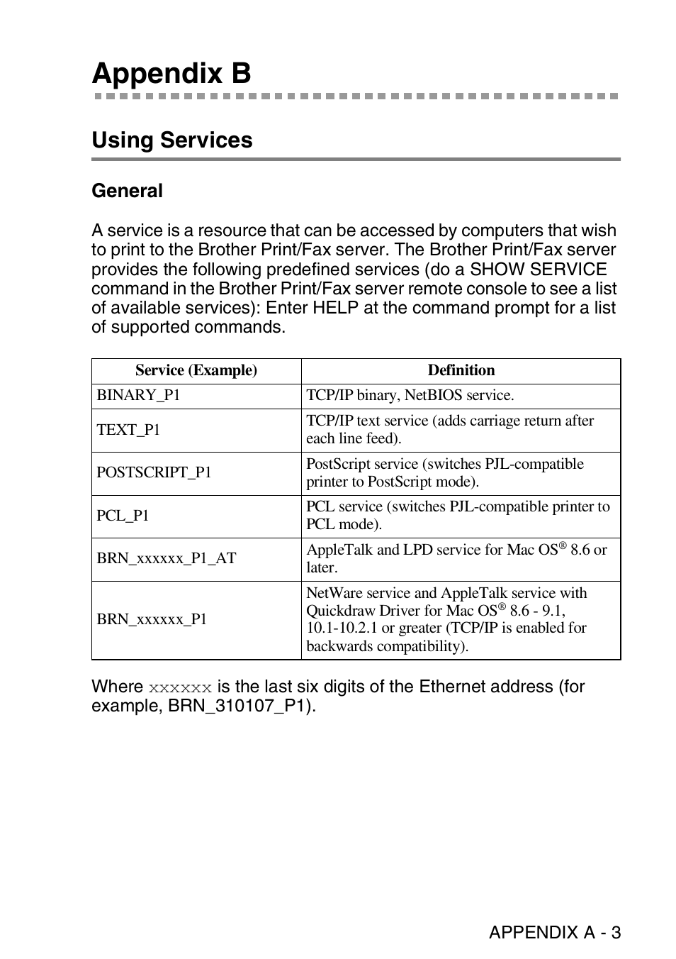 Appendix b, Using services, General | Brother MFC 8840D User Manual | Page 162 / 176