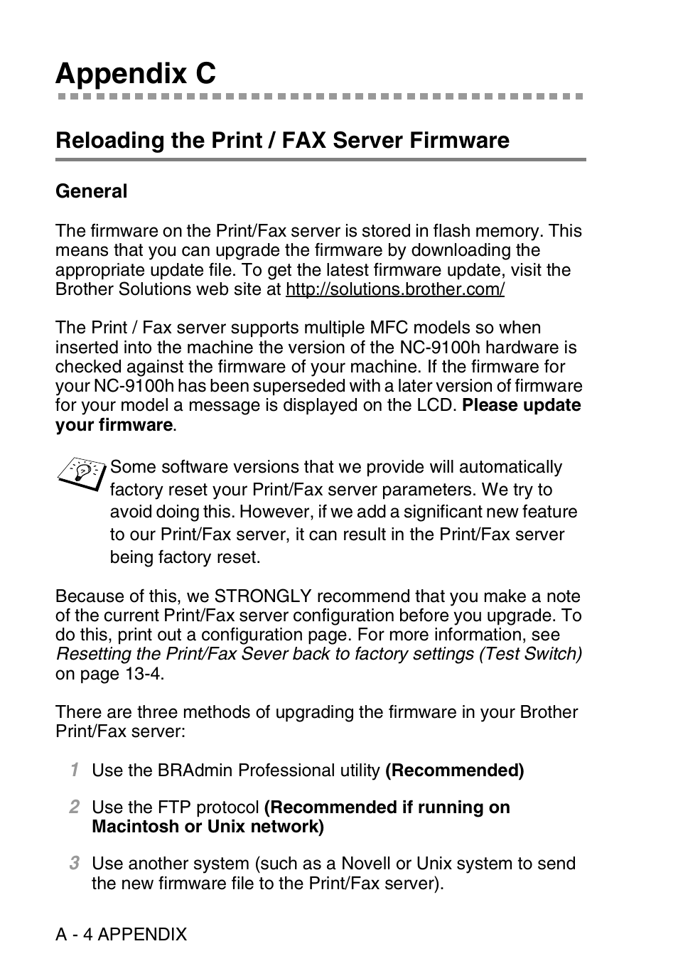 Appendix c, Reloading the print / fax server firmware, General | Brother MFC 8840D User Manual | Page 163 / 176