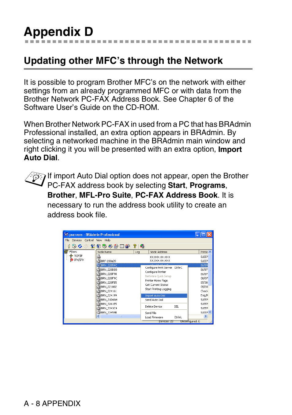 Appendix d, Updating other mfc’s through the network | Brother MFC 8840D User Manual | Page 167 / 176