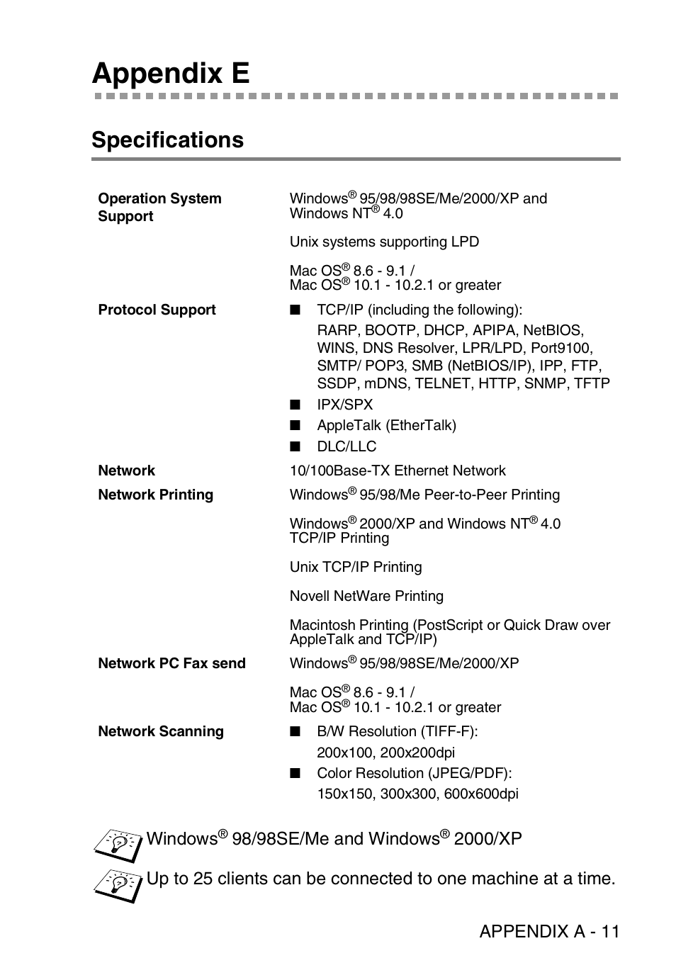 Appendix e, Specifications, Appendix a - 11 | Windows, 98/98se/me and windows | Brother MFC 8840D User Manual | Page 170 / 176