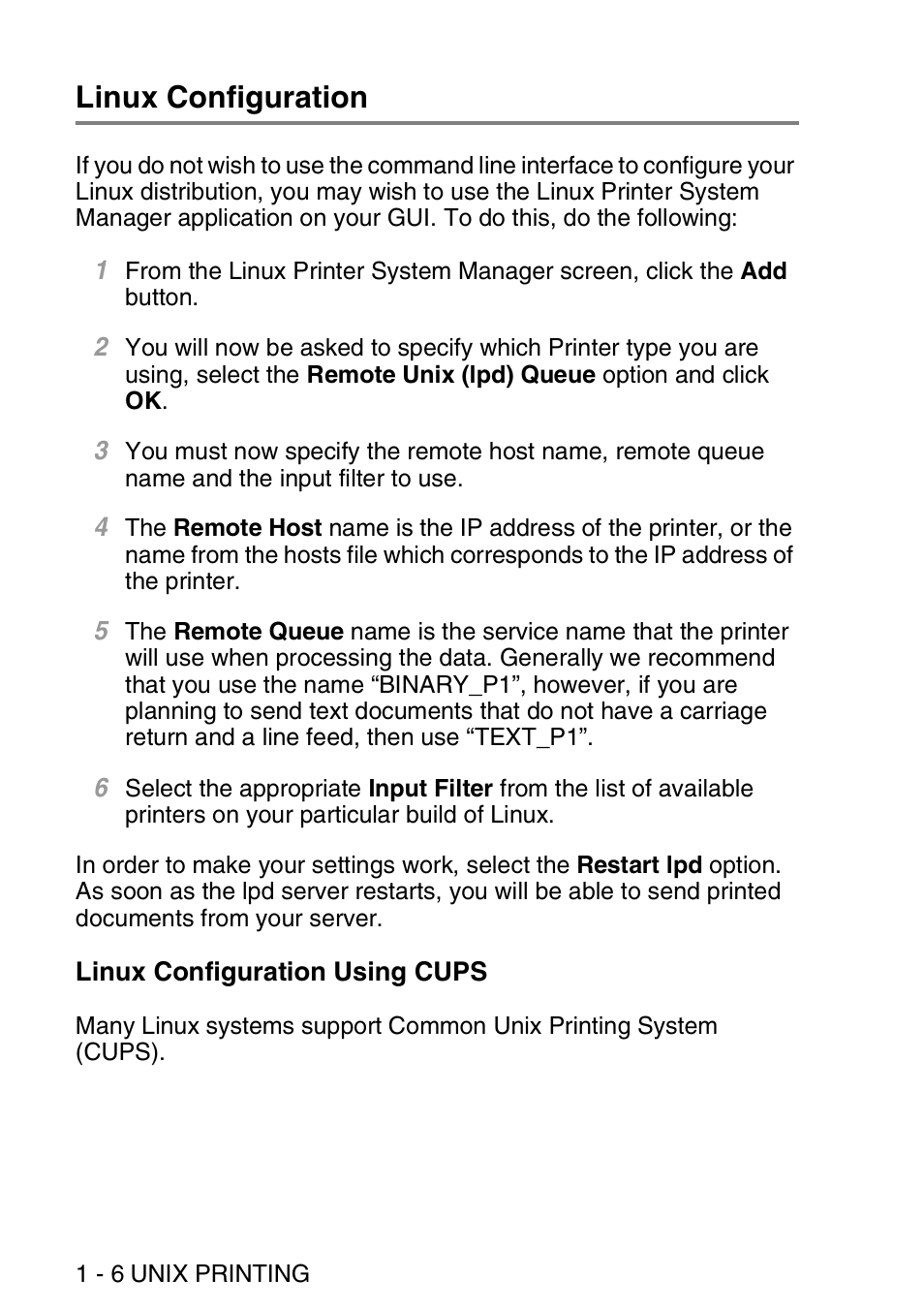 Linux configuration, Linux configuration using cups, Linux configuration -6 | Linux configuration using cups -6 | Brother MFC 8840D User Manual | Page 19 / 176