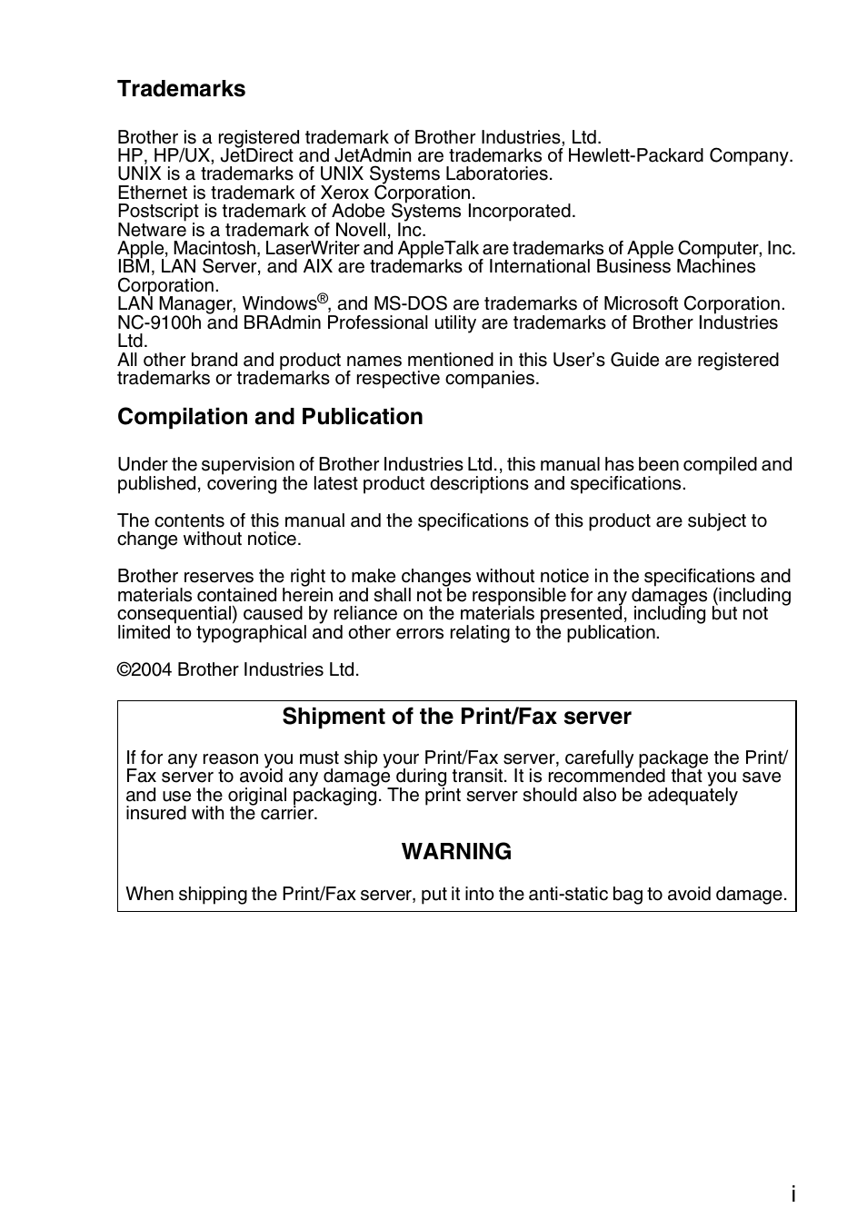 Itrademarks, Compilation and publication, Shipment of the print/fax server | Warning | Brother MFC 8840D User Manual | Page 2 / 176