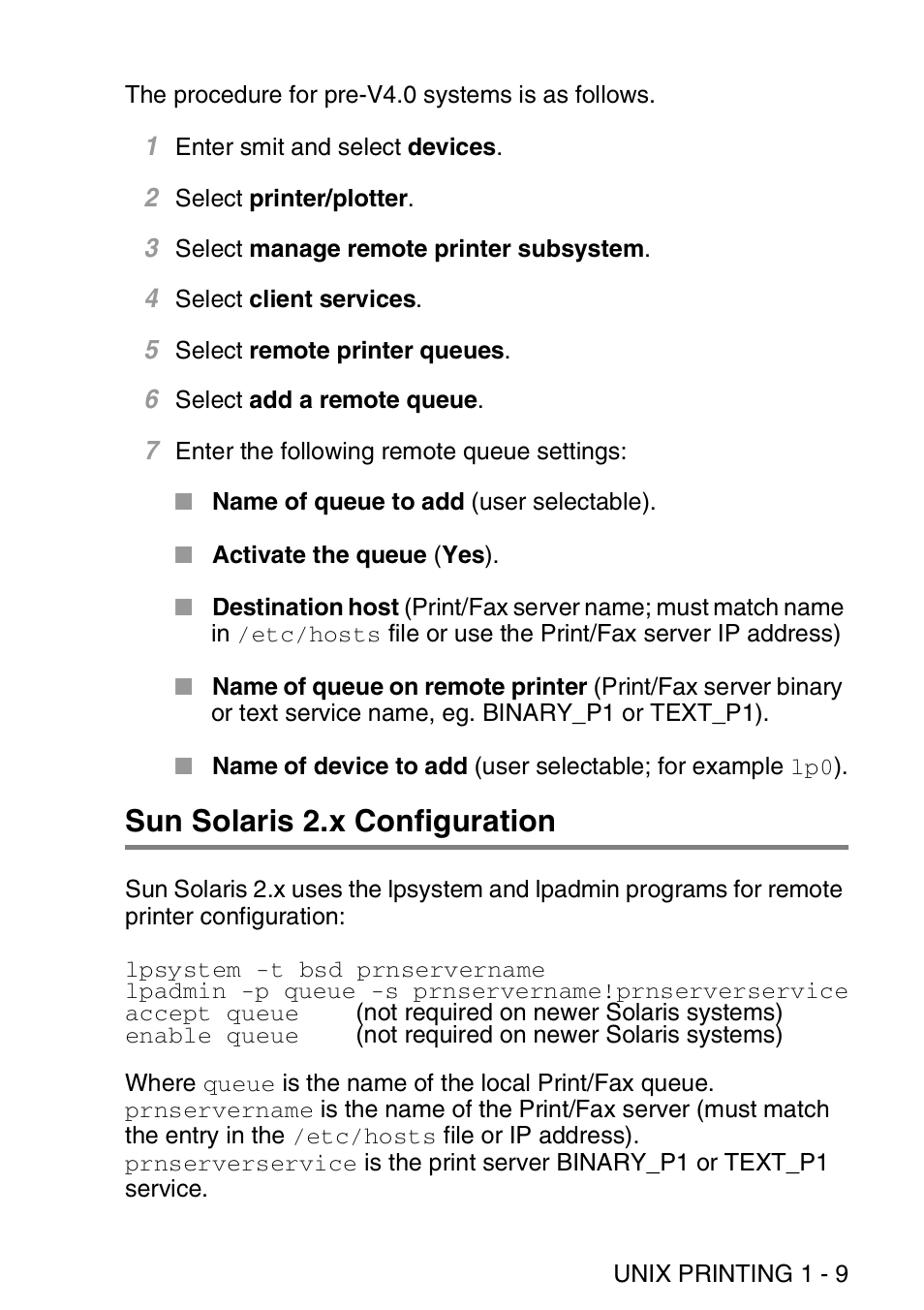 Sun solaris 2.x configuration, Sun solaris 2.x configuration -9 | Brother MFC 8840D User Manual | Page 22 / 176