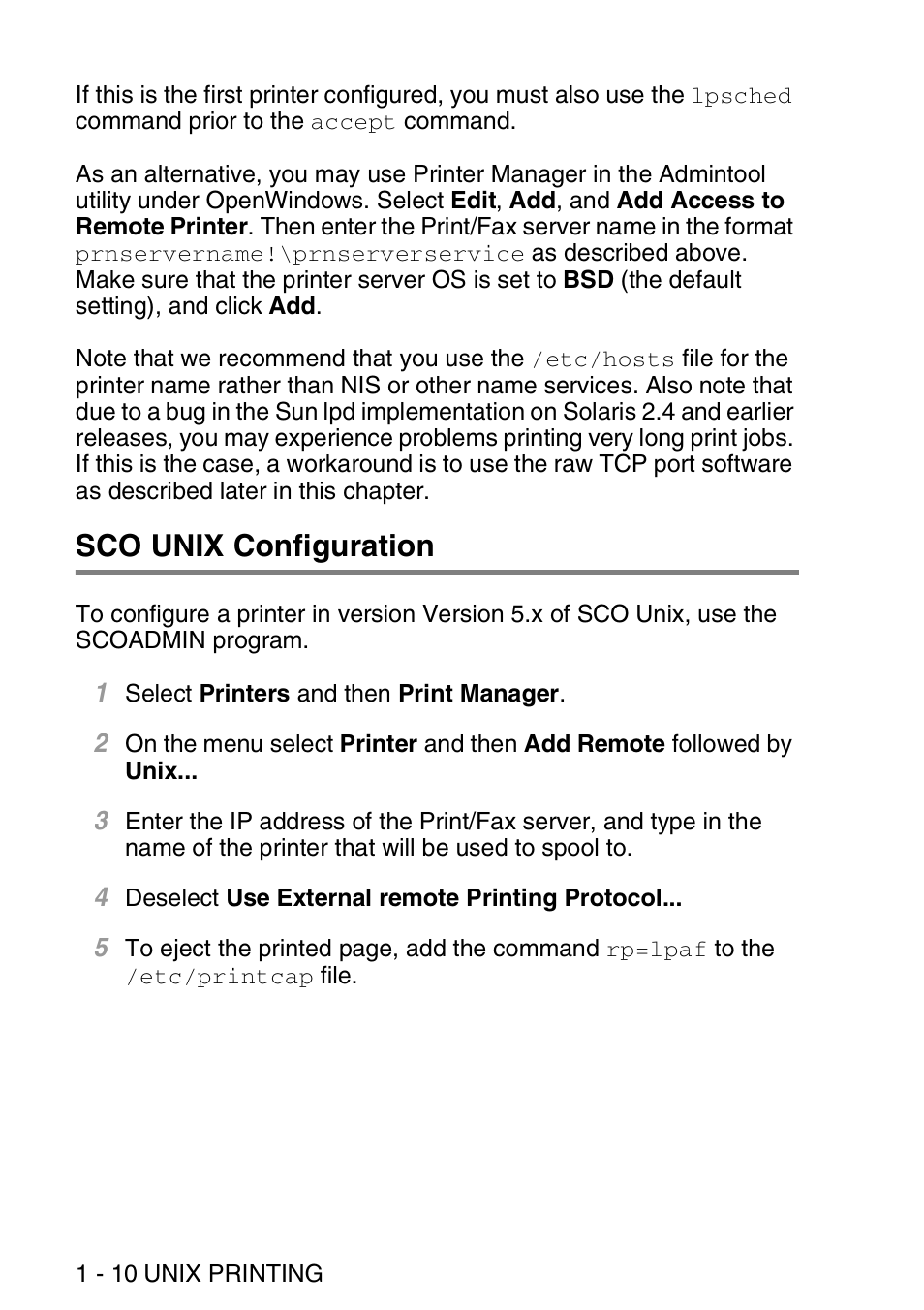 Sco unix configuration, Sco unix configuration -10 | Brother MFC 8840D User Manual | Page 23 / 176