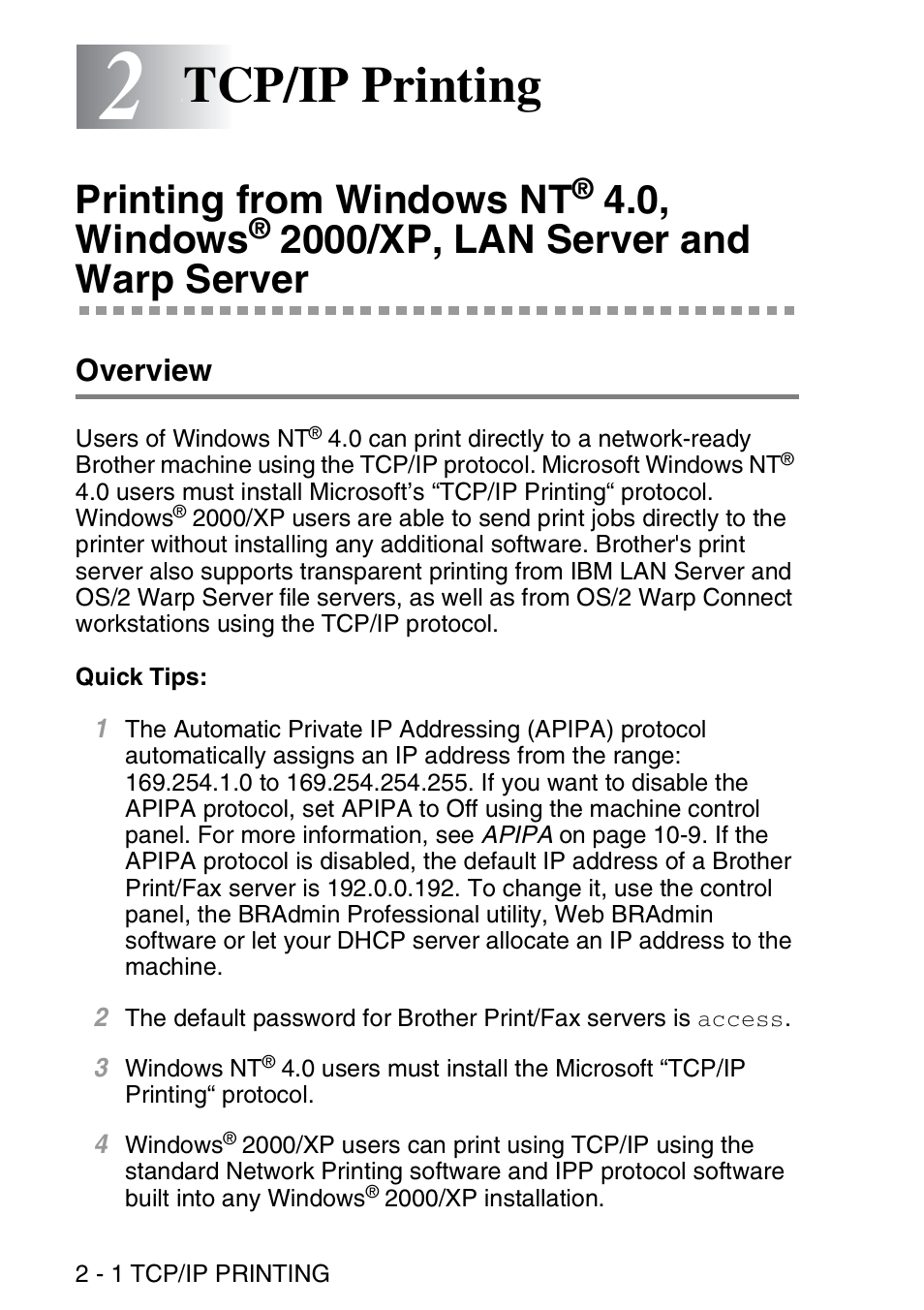 2 tcp/ip printing, Overview, Tcp/ip printing -1 | Printing from windows nt, 0, windows, 2000/xp, Lan server and warp server -1, Overview -1, Tcp/ip printing, 2000/xp, lan server and warp server | Brother MFC 8840D User Manual | Page 27 / 176