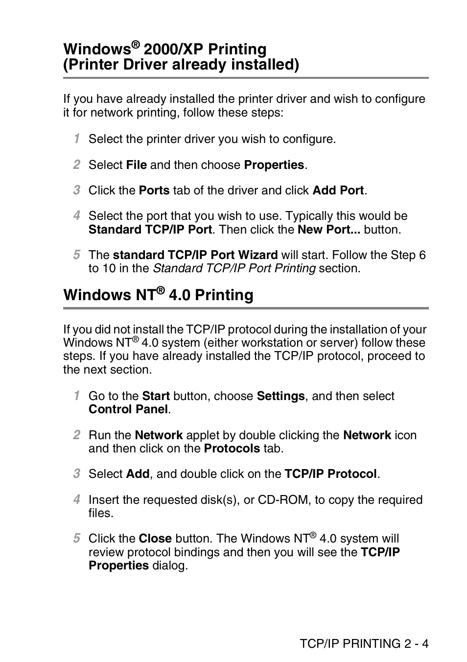 Windows nt® 4.0 printing, Windows, 2000/xp printing | Printer driver already installed) -4 windows nt, 0 printing -4, Windows nt, 0 printing | Brother MFC 8840D User Manual | Page 30 / 176