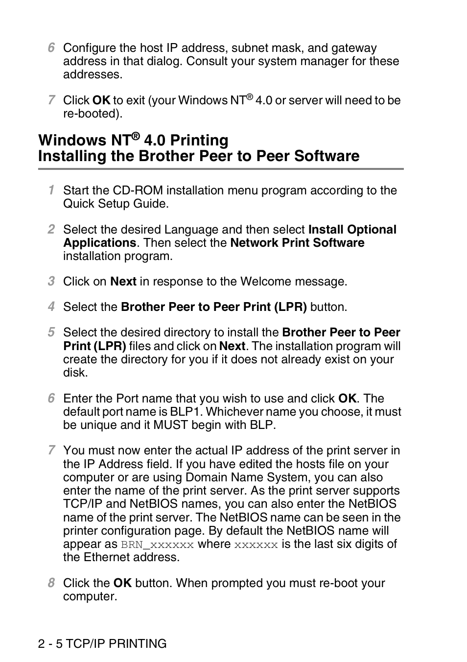 Windows nt, 0 printing, Installing the brother peer to peer software -5 | Brother MFC 8840D User Manual | Page 31 / 176