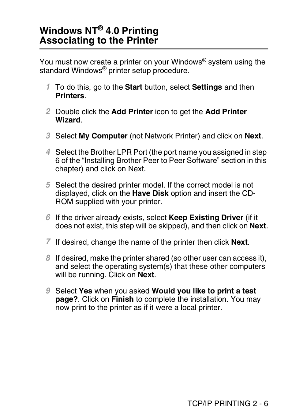 Windows nt, 0 printing, Associating to the printer -6 | 0 printing associating to the printer | Brother MFC 8840D User Manual | Page 32 / 176