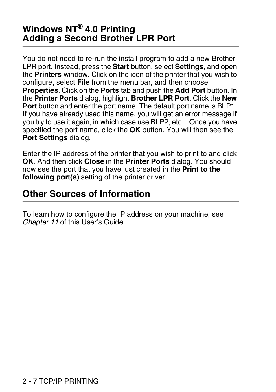 Other sources of information, Windows nt, 0 printing | 0 printing adding a second brother lpr port | Brother MFC 8840D User Manual | Page 33 / 176