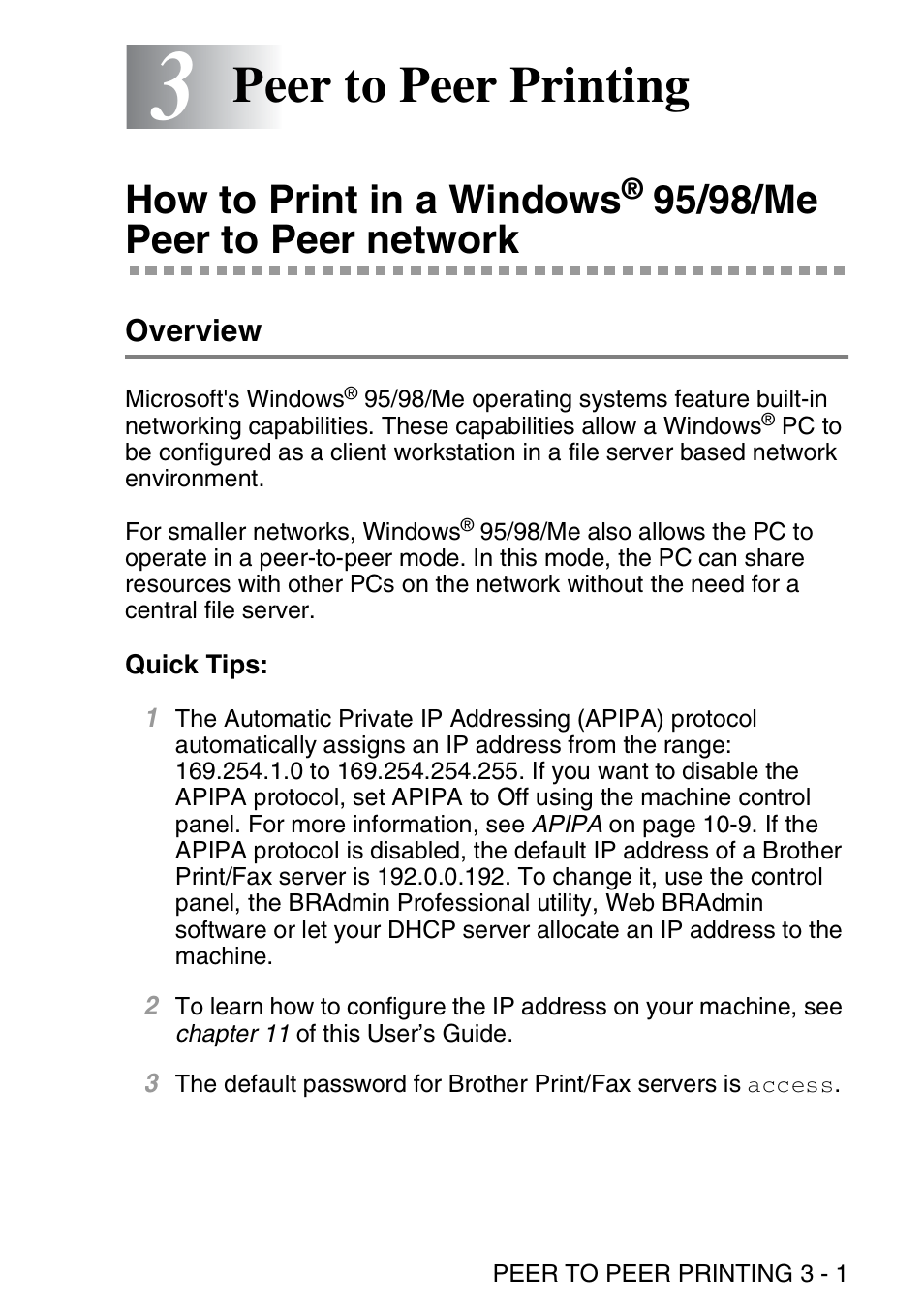 3 peer to peer printing, Overview, Quick tips | Peer to peer printing -1, How to print in a windows, 95/98/me peer to peer, Network -1, Overview -1, Quick tips: -1, Peer to peer printing | Brother MFC 8840D User Manual | Page 34 / 176