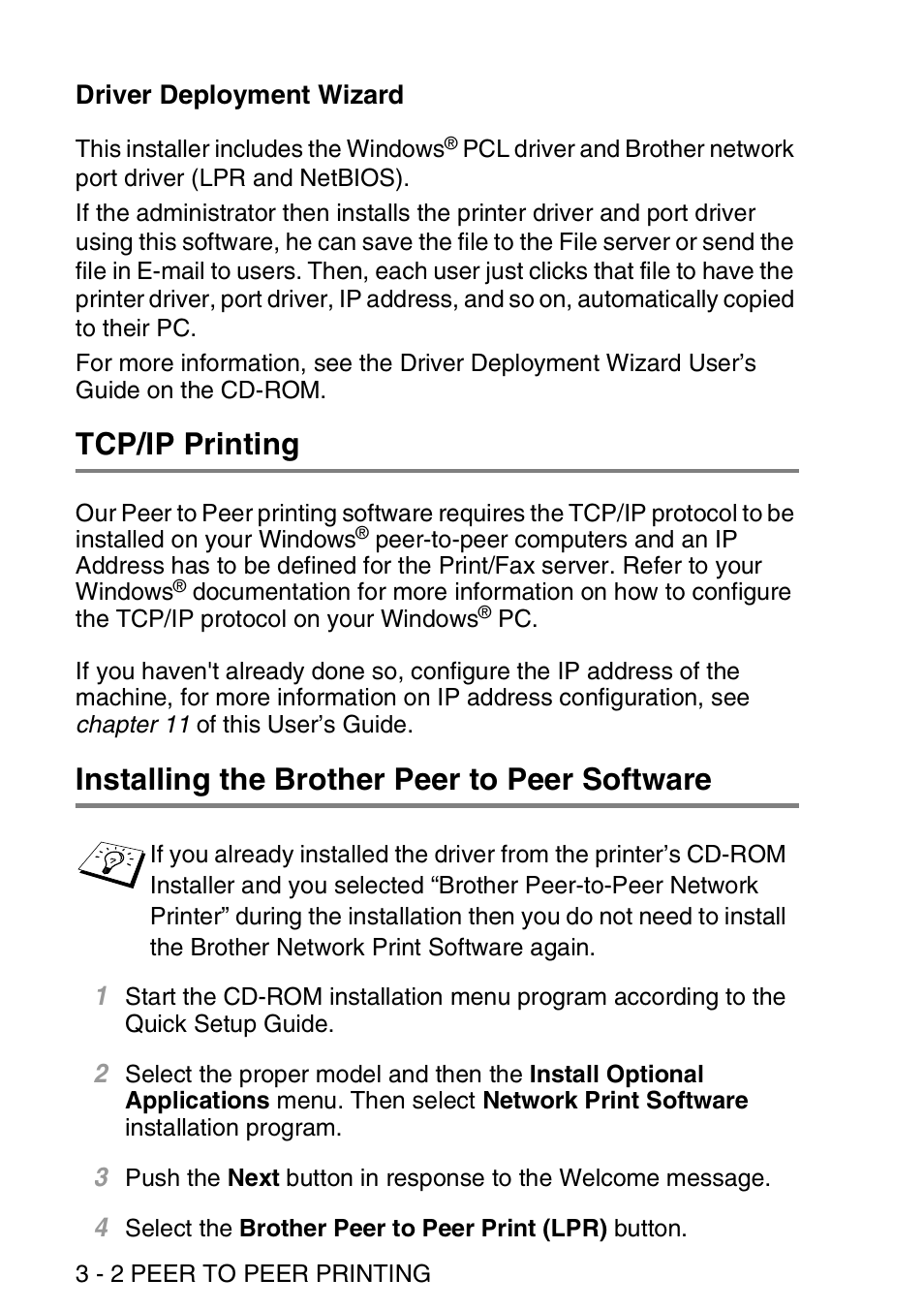 Driver deployment wizard, Tcp/ip printing, Installing the brother peer to peer software | Driver deployment wizard -2 | Brother MFC 8840D User Manual | Page 35 / 176