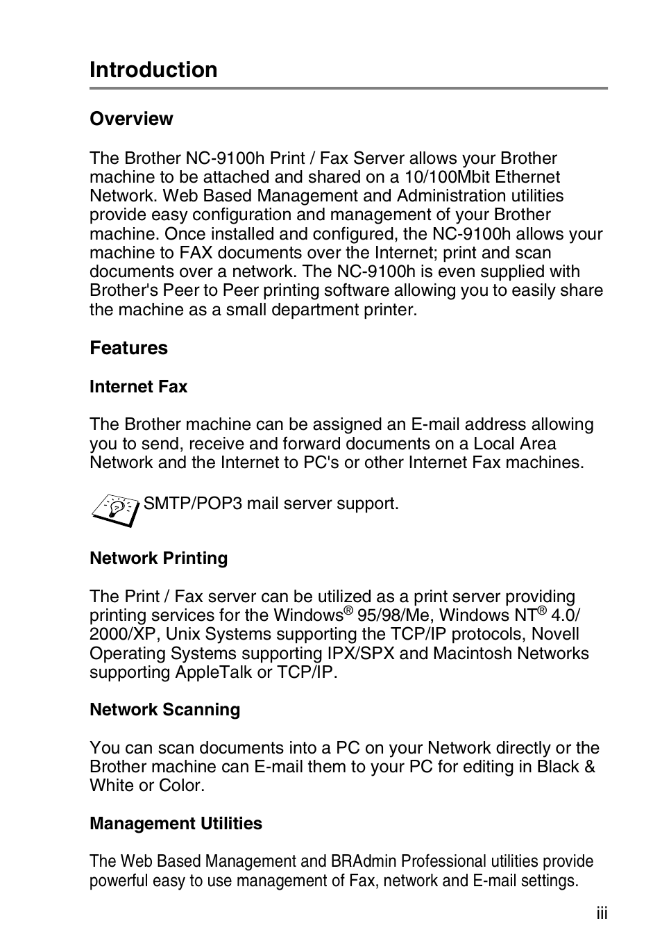 Introduction, Overview, Features | Brother MFC 8840D User Manual | Page 4 / 176