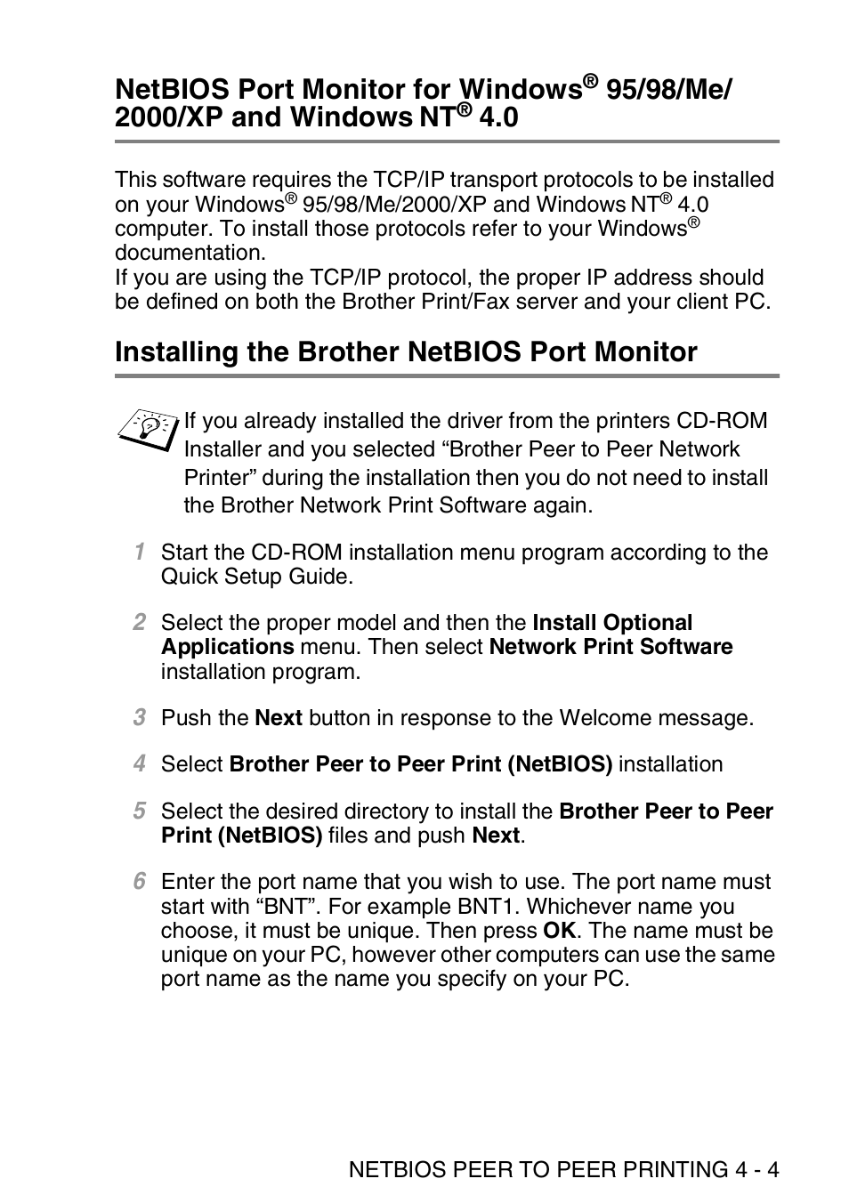 Installing the brother netbios port monitor, Netbios port monitor for windows, 95/98/me/2000 | Xp and windows, Installing the brother netbios port monitor -4 | Brother MFC 8840D User Manual | Page 42 / 176