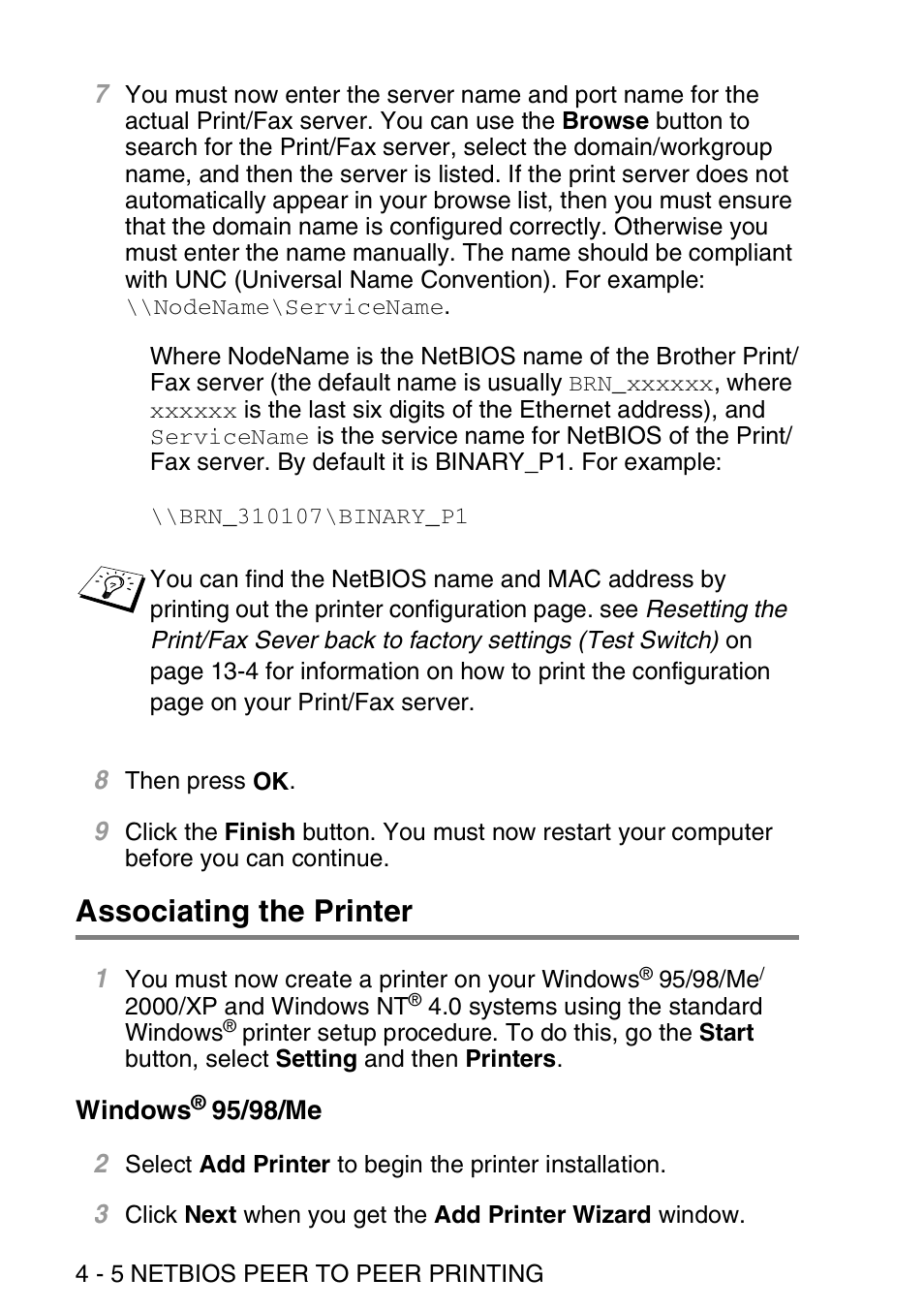 Associating the printer, Windows® 95/98/me, Associating the printer -5 | Windows, 95/98/me -5 | Brother MFC 8840D User Manual | Page 43 / 176