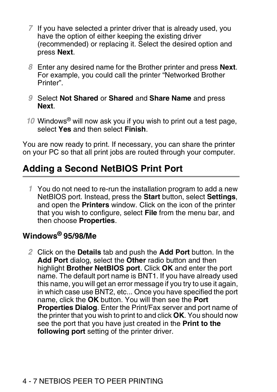 Adding a second netbios print port, Windows® 95/98/me, Adding a second netbios print port -7 | Windows, 95/98/me -7 | Brother MFC 8840D User Manual | Page 45 / 176