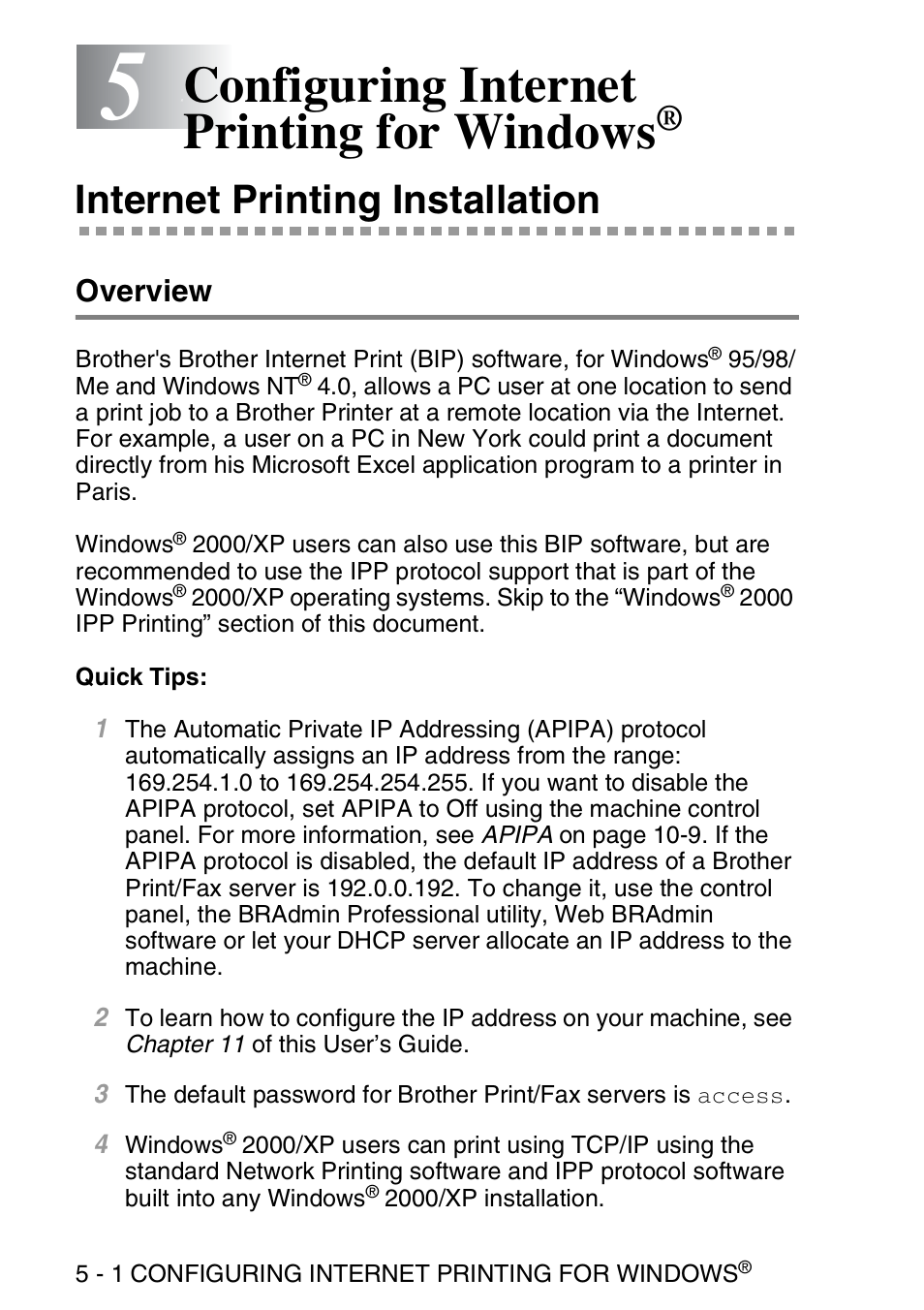 5 configuring internet printing for windows, Internet printing installation, Overview | Configuring internet printing for windows, Internet printing installation -1, Overview -1 | Brother MFC 8840D User Manual | Page 47 / 176