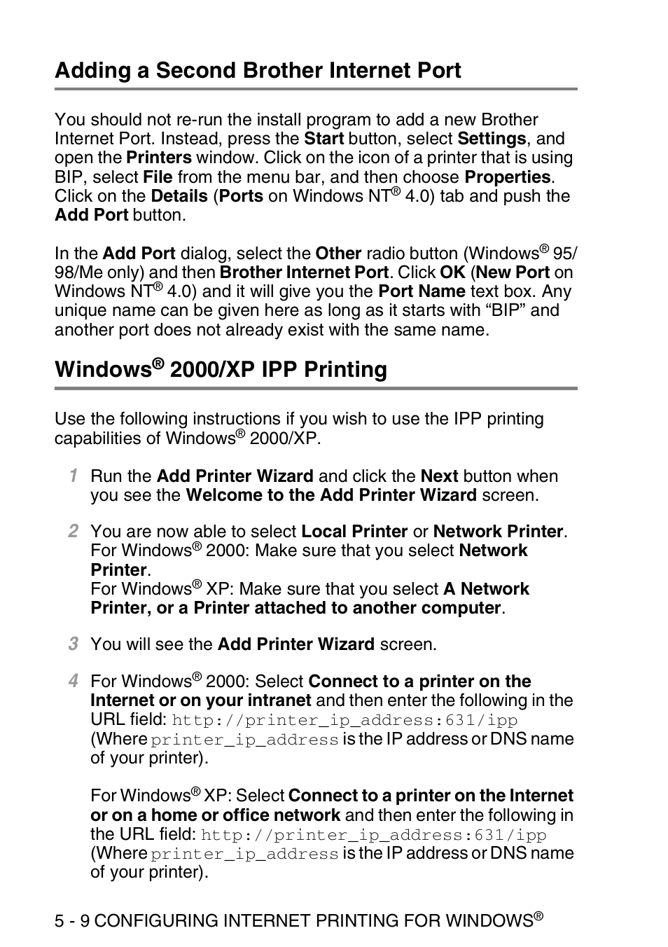 Adding a second brother internet port, Windows® 2000/xp ipp printing, Adding a second brother internet port -9 windows | 2000/xp ipp printing -9, See windows, Windows, 2000/xp ipp printing | Brother MFC 8840D User Manual | Page 55 / 176