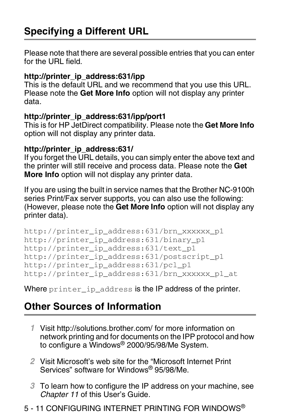 Specifying a different url, Other sources of information | Brother MFC 8840D User Manual | Page 57 / 176