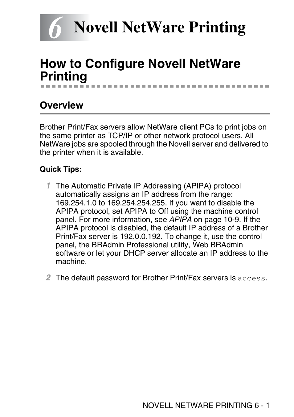 6 novell netware printing, How to configure novell netware printing, Overview | Novell netware printing -1, How to configure novell netware printing -1, Overview -1, Novell netware printing | Brother MFC 8840D User Manual | Page 58 / 176