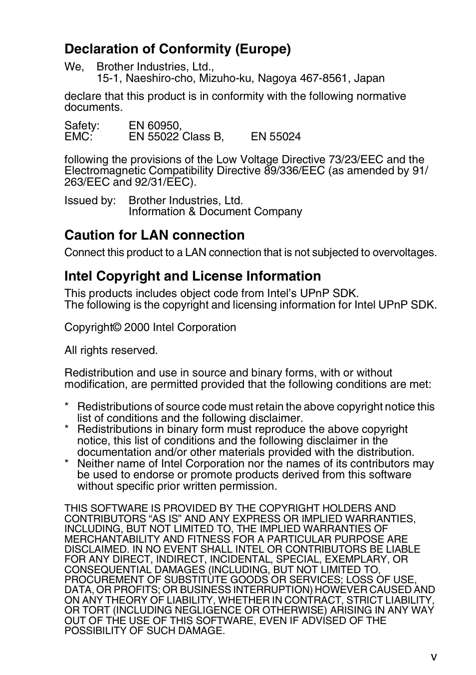 Declaration of conformity (europe), Caution for lan connection, Intel copyright and license information | Brother MFC 8840D User Manual | Page 6 / 176