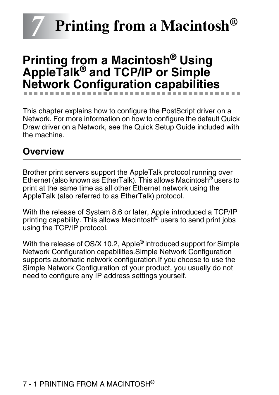 7 printing from a macintosh, Overview, Printing from a macintosh | Using appletalk, Overview -1 | Brother MFC 8840D User Manual | Page 71 / 176