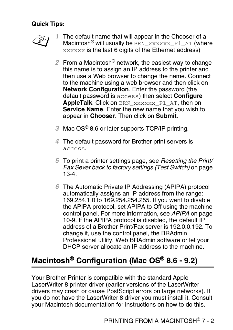 Macintosh® configuration (mac os® 8.6 - 9.2), Macintosh, Configuration (mac os | Brother MFC 8840D User Manual | Page 72 / 176