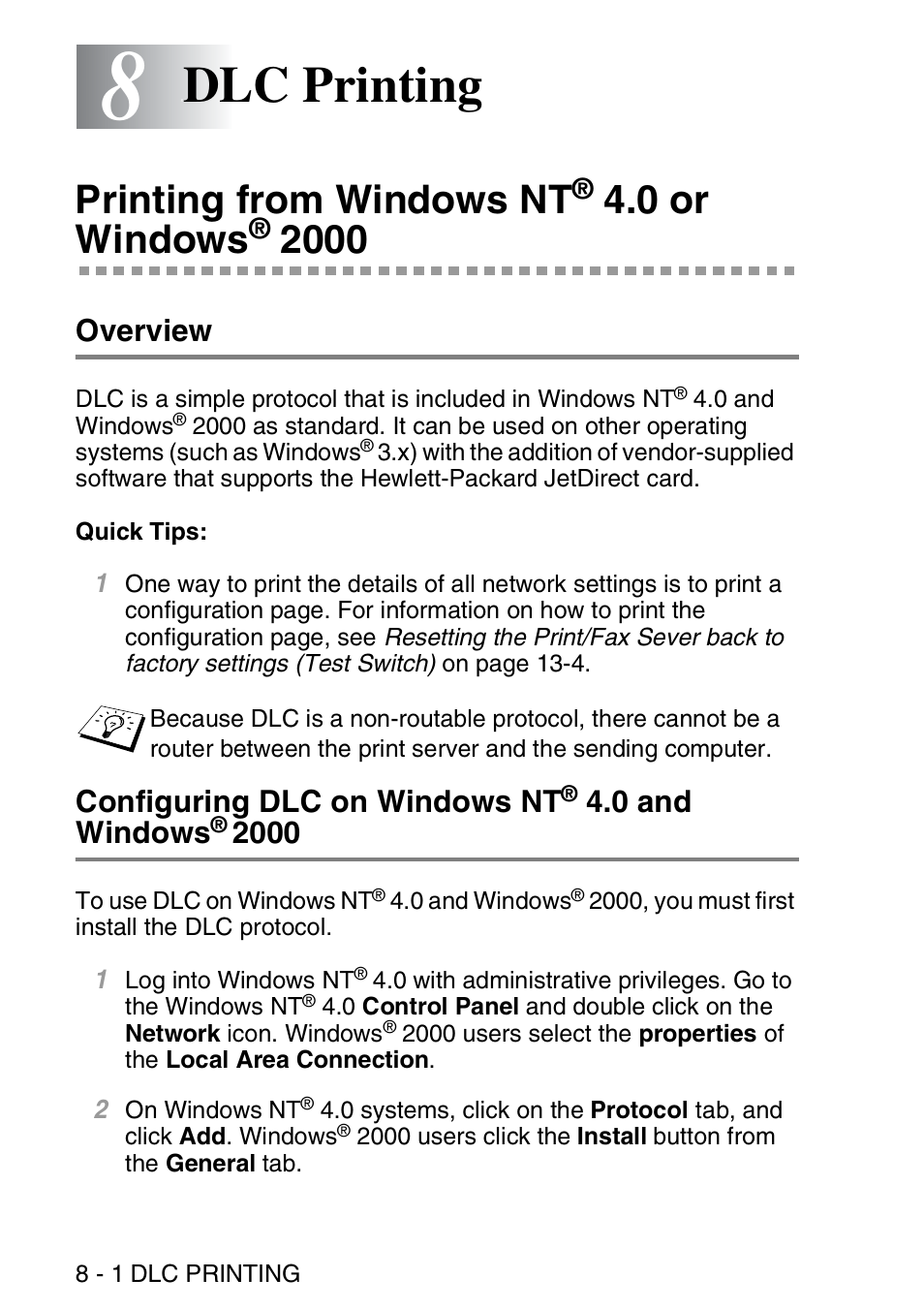 8 dlc printing, Printing from windows nt® 4.0 or windows® 2000, Overview | Dlc printing -1, Printing from windows nt, 0 or windows, Overview -1 configuring dlc on windows nt, 0 and, Windows, Dlc printing | Brother MFC 8840D User Manual | Page 83 / 176